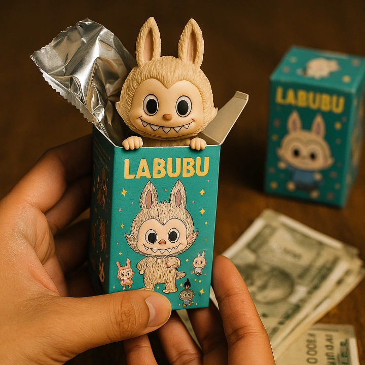 Hands holding a sealed Labubu blind box collectible, capturing the thrill of surprise.