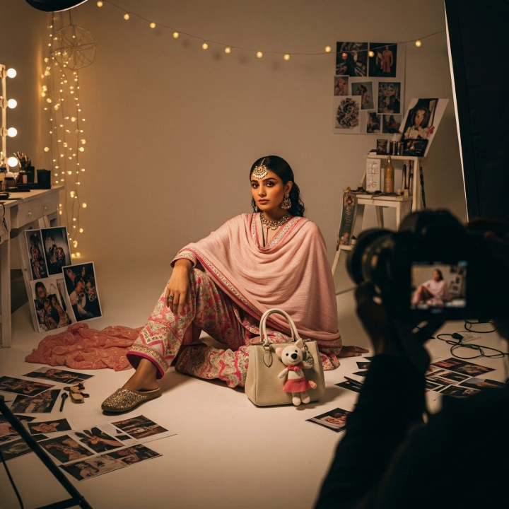 A fashion shoot in progress featuring an Indian model with a Labubu plush toy on her handbag, set in a studio filled with creative props.