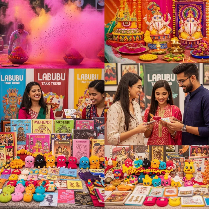 A vibrant Indian market scene showcasing Labubu-themed crafts, Holi colors, and fan merchandise blending with local festival vibes.
