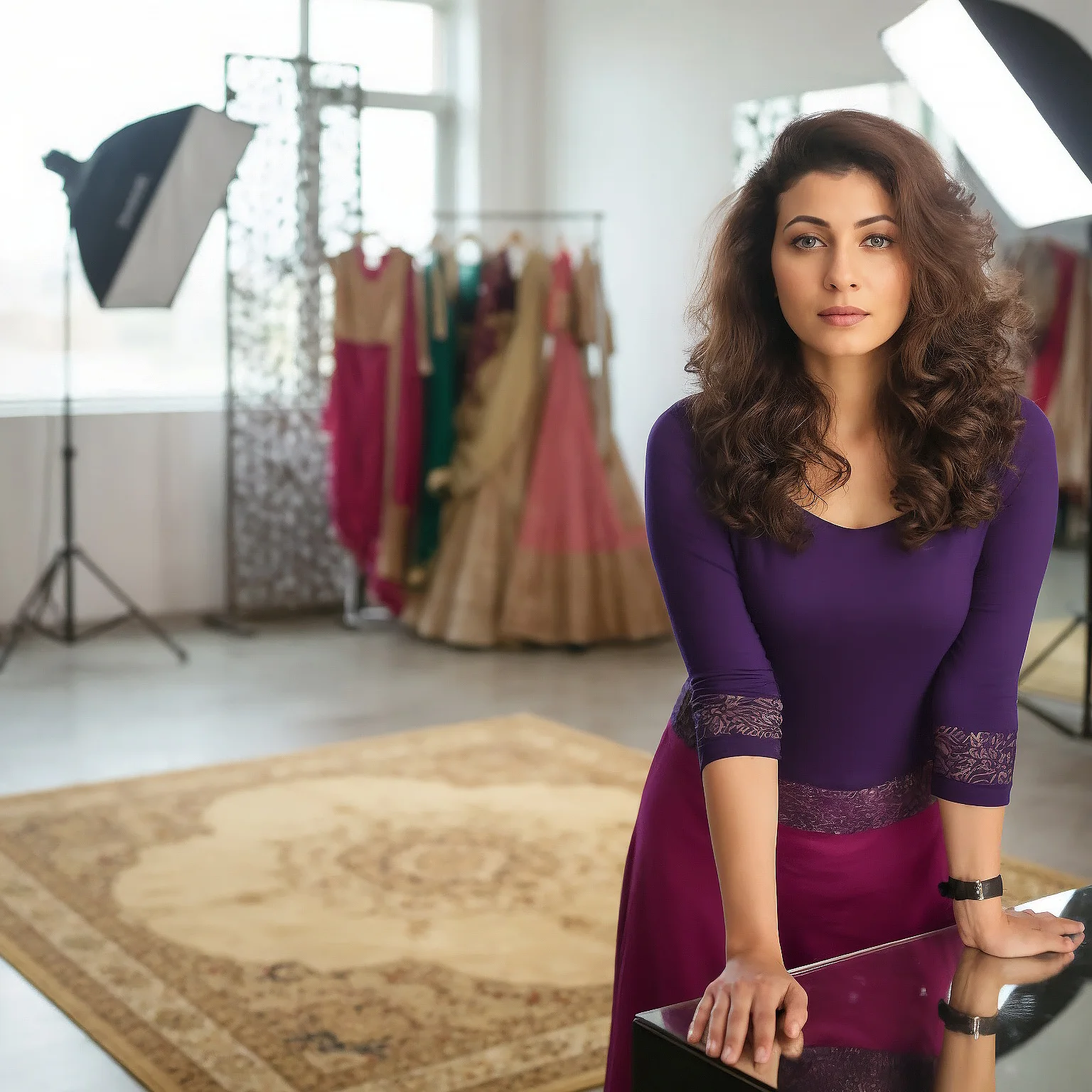 Smita Gangoly standing gracefully by the makeup table in the studio, warm mirror lights illuminating her calm and confident face.