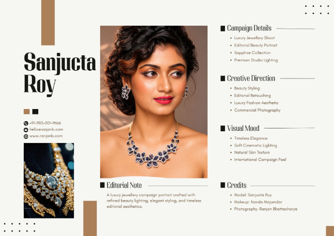 Editorial Jewellery Shoot with Sanjucta Roy Luxury jewellery campaign portrait of model Sanjucta Roy wearing sapphire jewellery with editorial beauty styling and premium studio lighting.