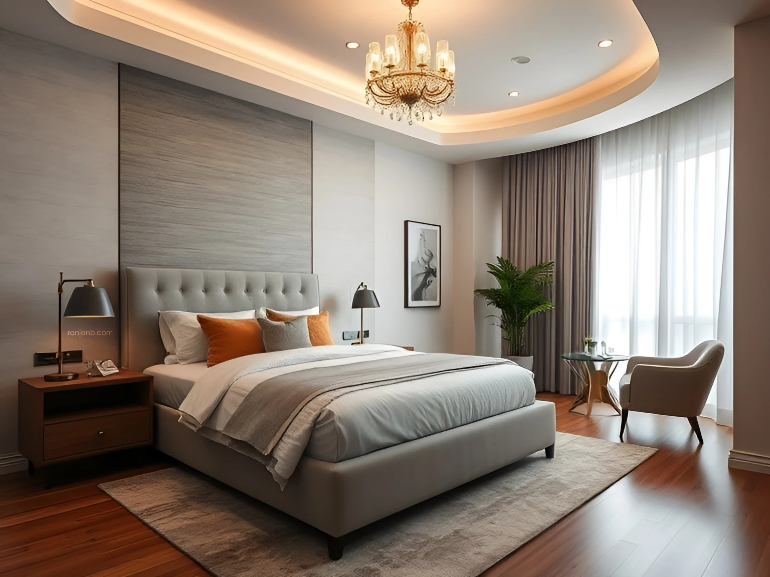 A luxurious master bedroom in Kolkata, featuring a king-size bed with a padded headboard, stylish bedding, a chandelier, and a cozy seating nook by the window, photography by Ranjan Bhattacharya.