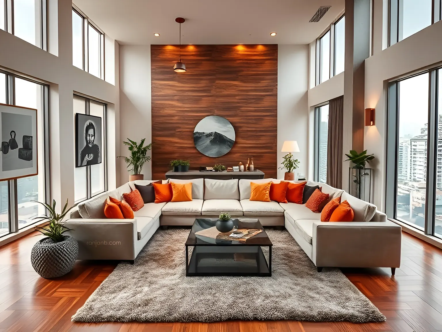 A spacious drawing room in a Kolkata apartment, featuring an L-shaped sofa, vibrant cushions, a glass-top coffee table, wooden flooring, and floor-to-ceiling windows, photography by Ranjan Bhattacharya