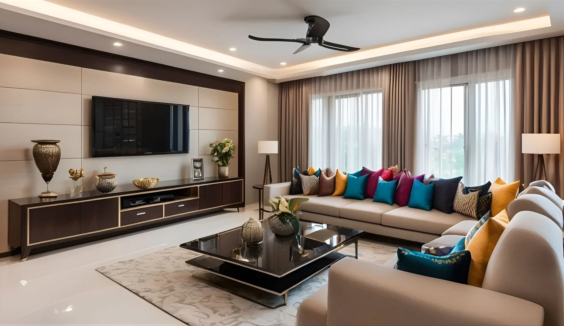 A spacious drawing room in a Kolkata apartment, featuring an L-shaped sofa, vibrant cushions, a glass-top coffee table, marble flooring, and floor-to-ceiling windows, photography by Ranjan Bhattacharya