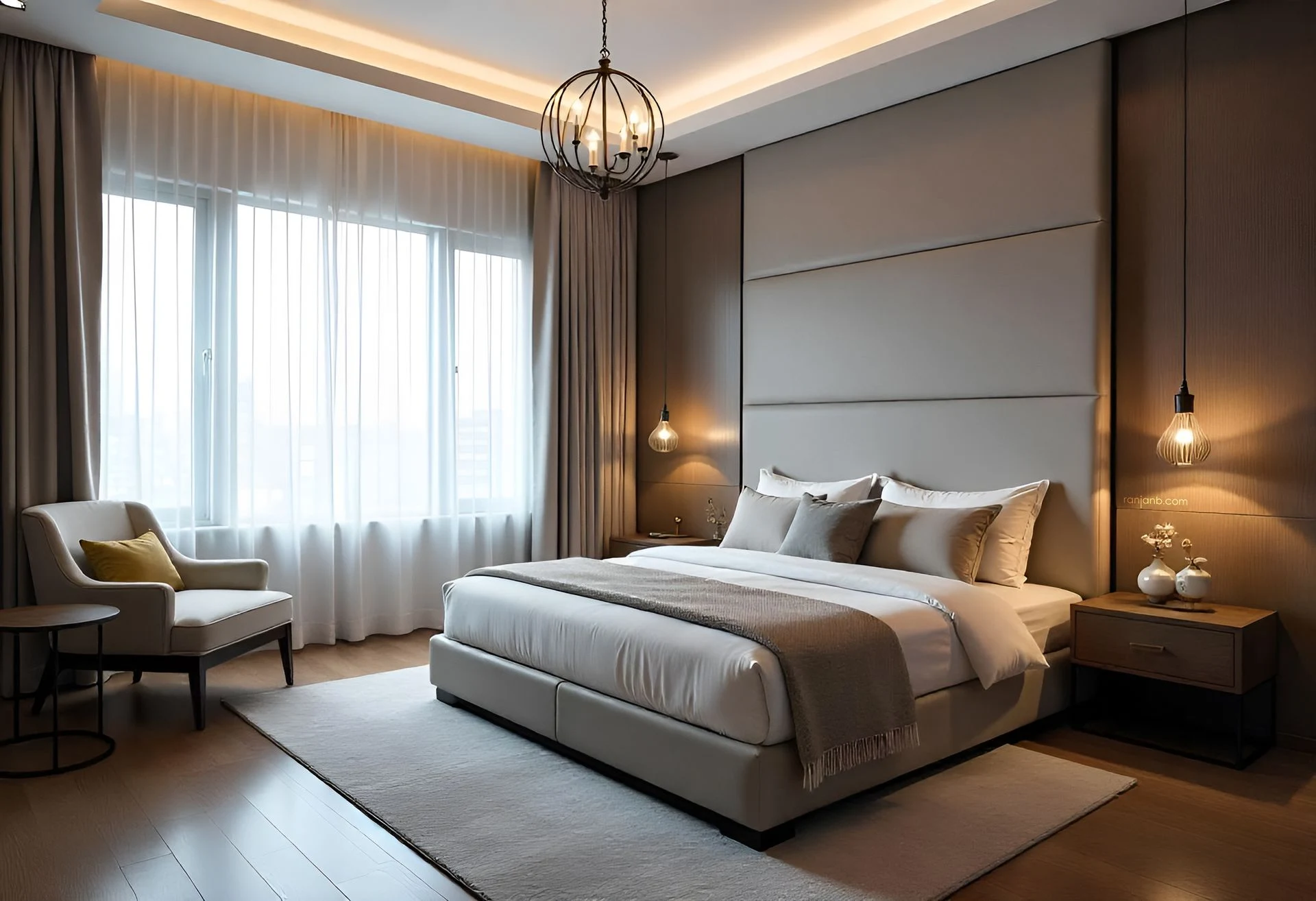 A luxurious master bedroom in Kolkata, featuring a king-size bed with a padded headboard, stylish bedding, a chandelier, and a cozy seating nook by the window, photography by Ranjan Bhattacharya