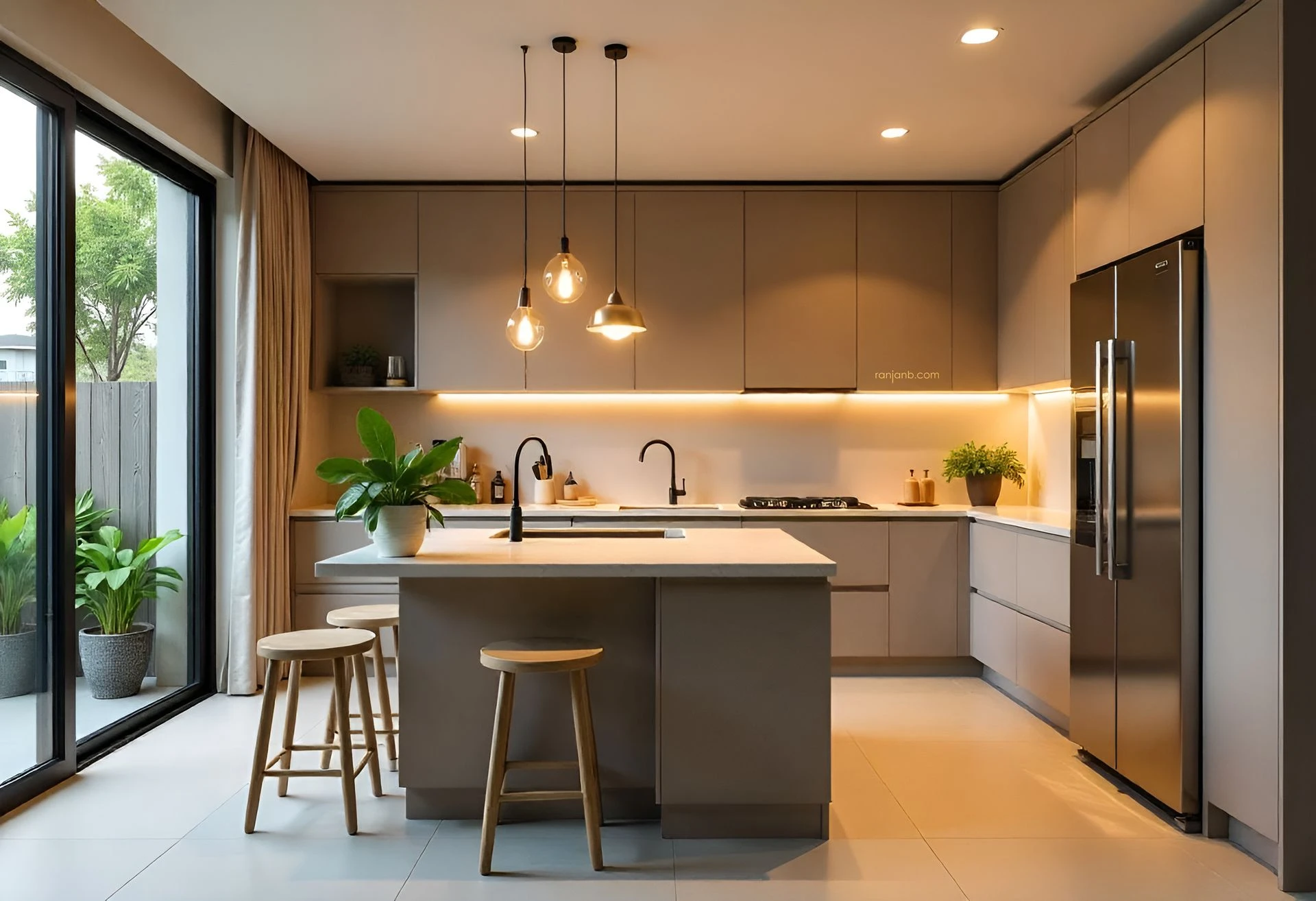A sleek modern kitchen in a Kolkata housing complex, featuring modular cabinets, quartz countertops, pendant lights, and stainless steel appliances with natural light flooding in. photographed by Ranjan Bhattacharya.