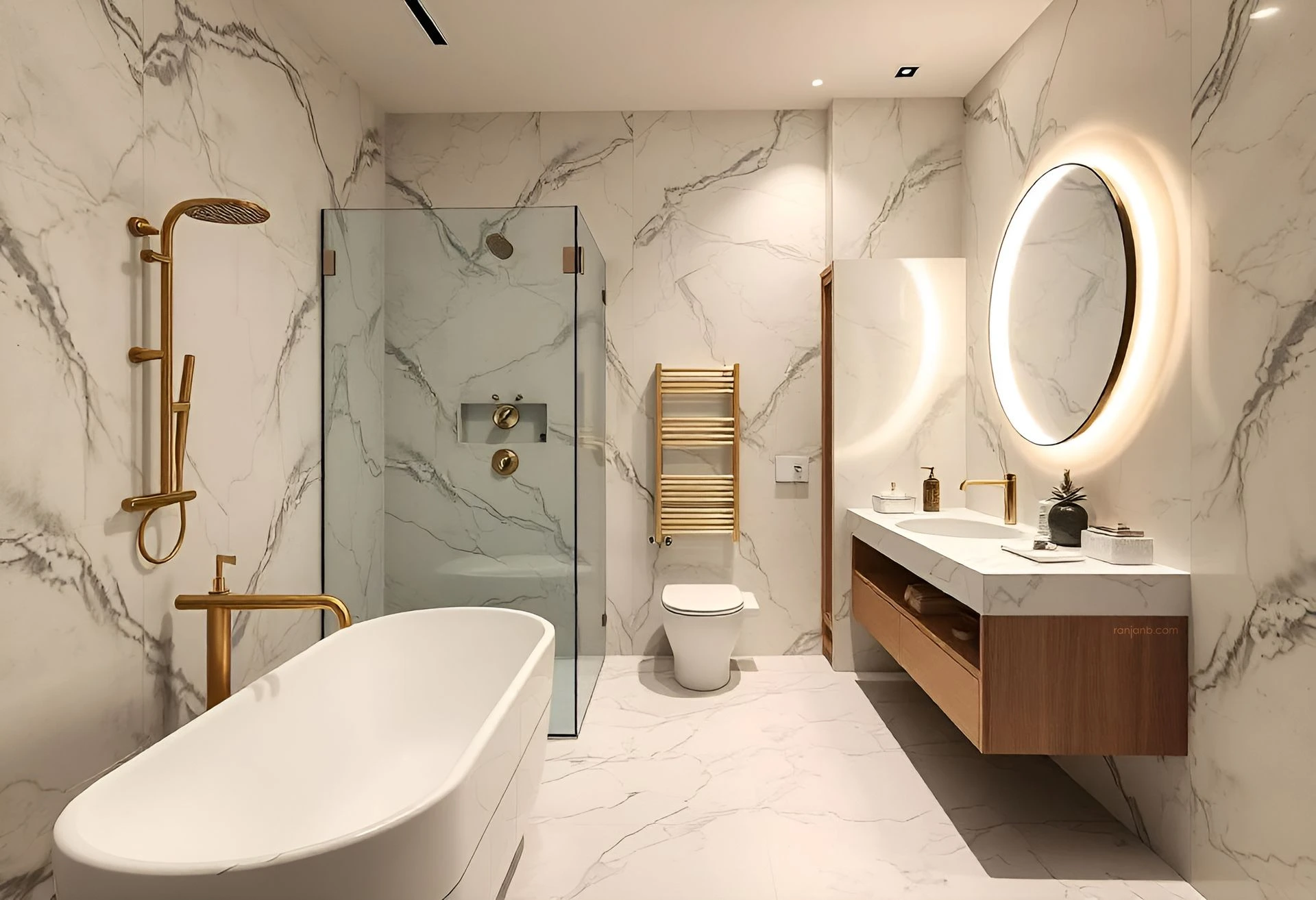 A luxurious washroom in Kolkata with a freestanding bathtub, gold faucets, glass shower enclosure, and marble tile walls, by Ranjan Bhattacharya Photography.