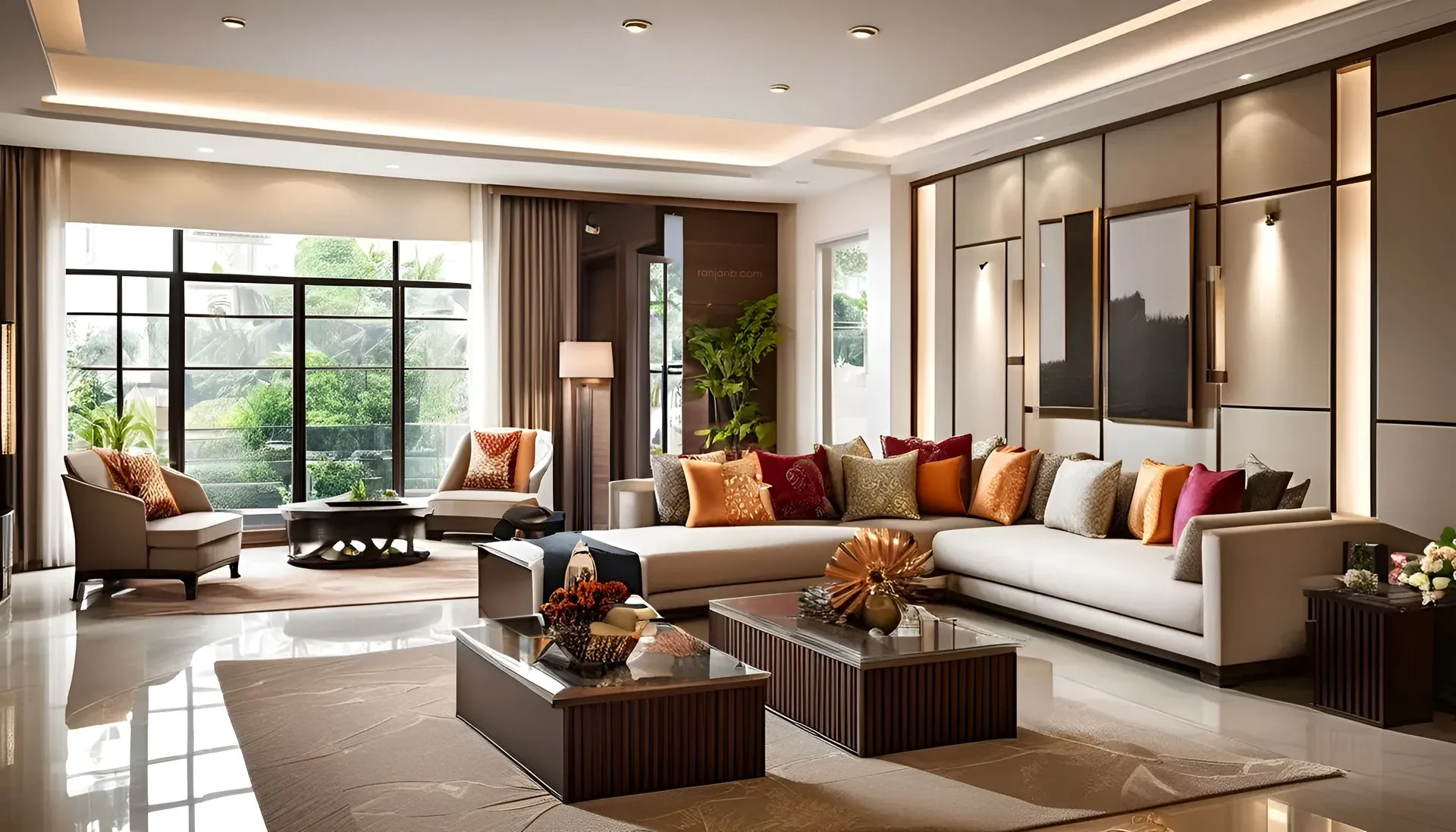 A spacious drawing room in a Kolkata apartment, featuring an L-shaped sofa, vibrant cushions, a glass-top coffee table, marble flooring, and floor-to-ceiling windows, photography by Ranjan Bhattacharya