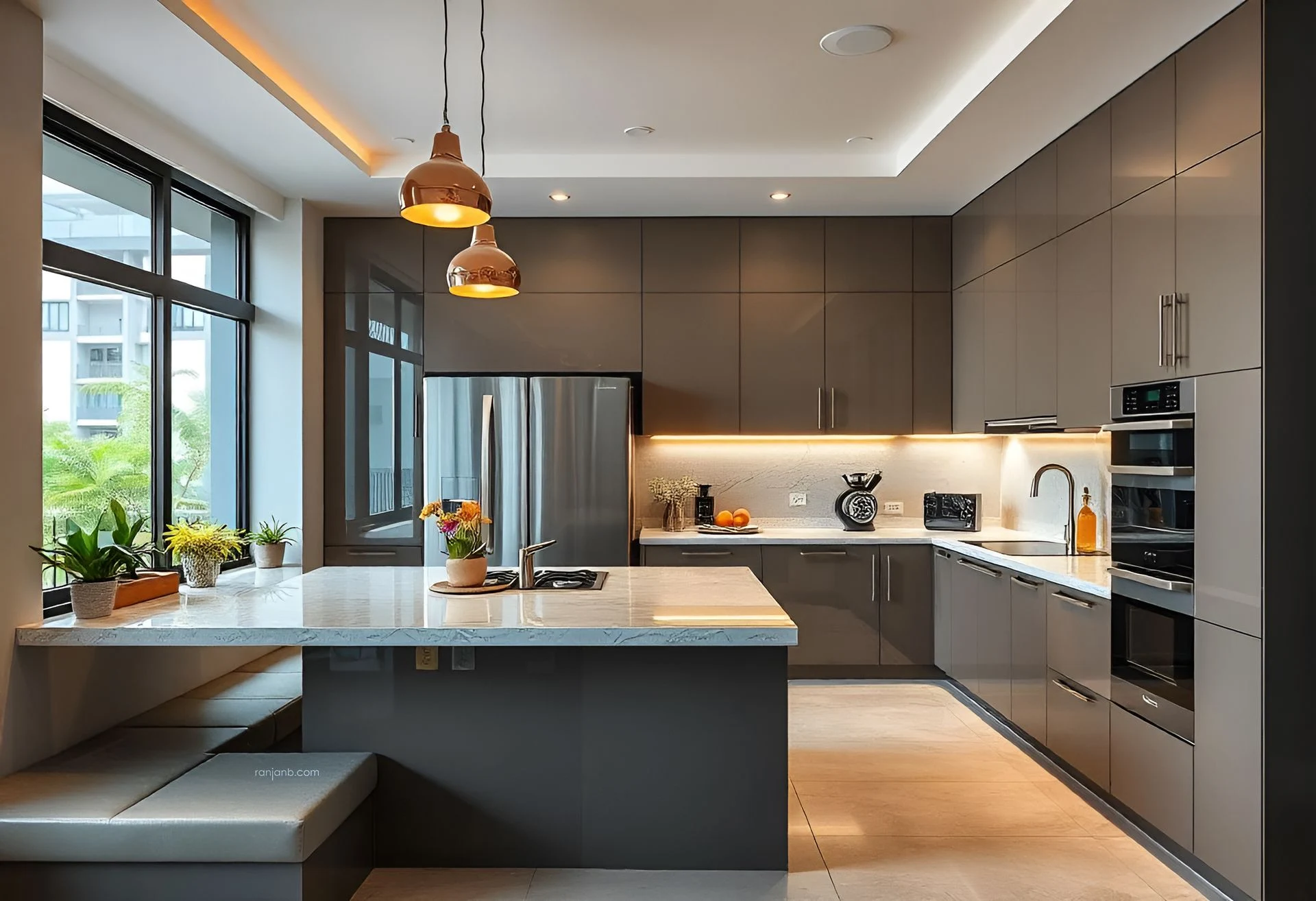 A sleek modern kitchen in a Kolkata housing complex, featuring modular cabinets, quartz countertops, pendant lights, and stainless steel appliances with natural light flooding in, photography by Ranjan Bhattacharya.