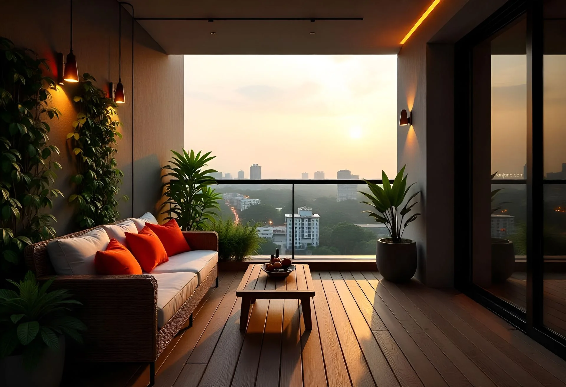 A contemporary balcony in Kolkata, with wooden decking, rattan furniture, vibrant cushions, vertical greenery, and glass railings offering a view of the cityscape, beautifully photographed by Ranjan Bhattacharya