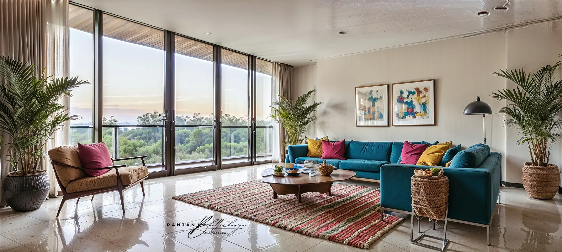 Modern living room interior of a housing complex, photographed by Ranjan Bhattacharya in Mumbai.