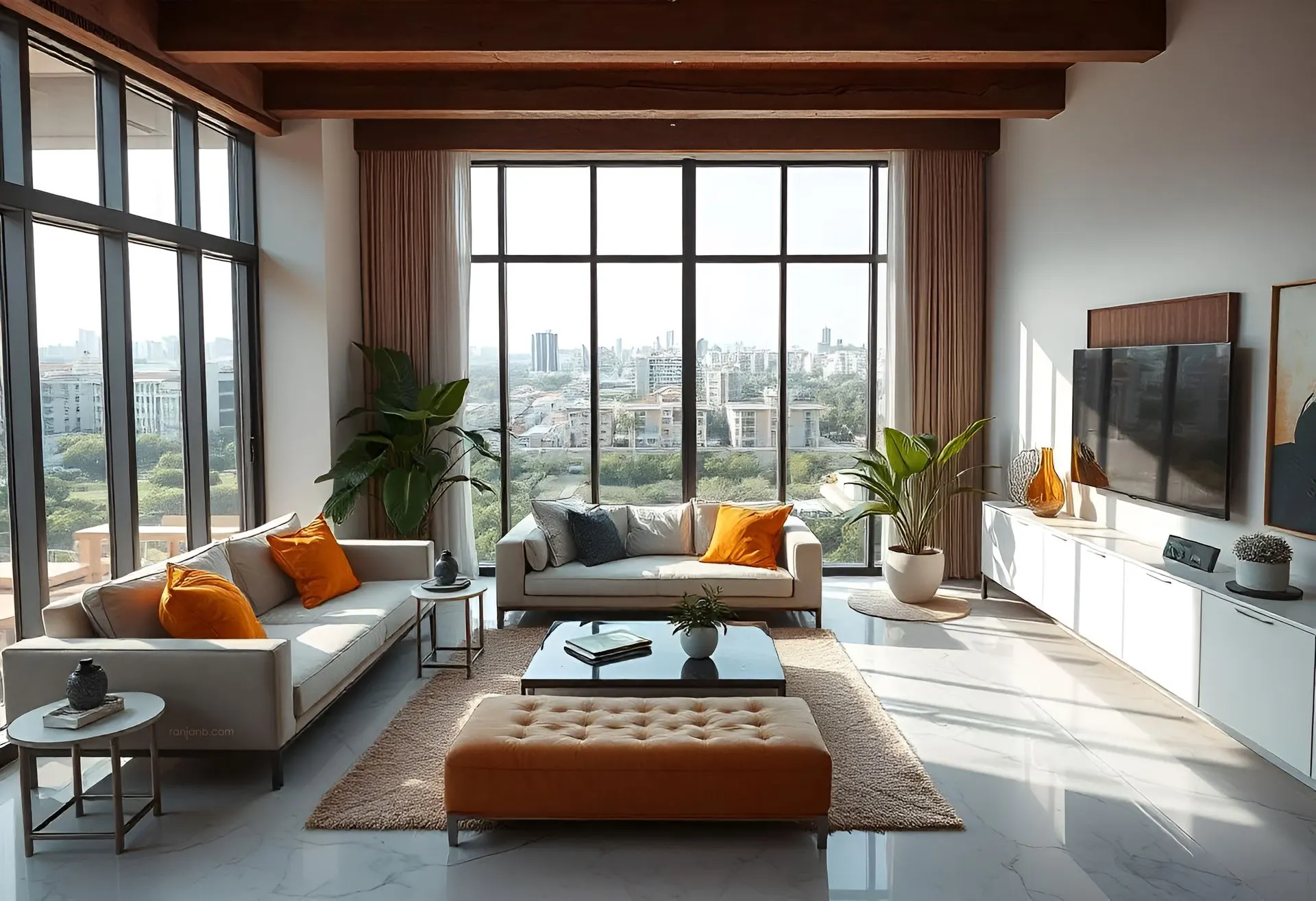 A spacious drawing room in a Kolkata apartment, featuring an L-shaped sofa, vibrant cushions, a glass-top coffee table, marble flooring, and floor-to-ceiling windows, photography by Ranjan Bhattacharya.