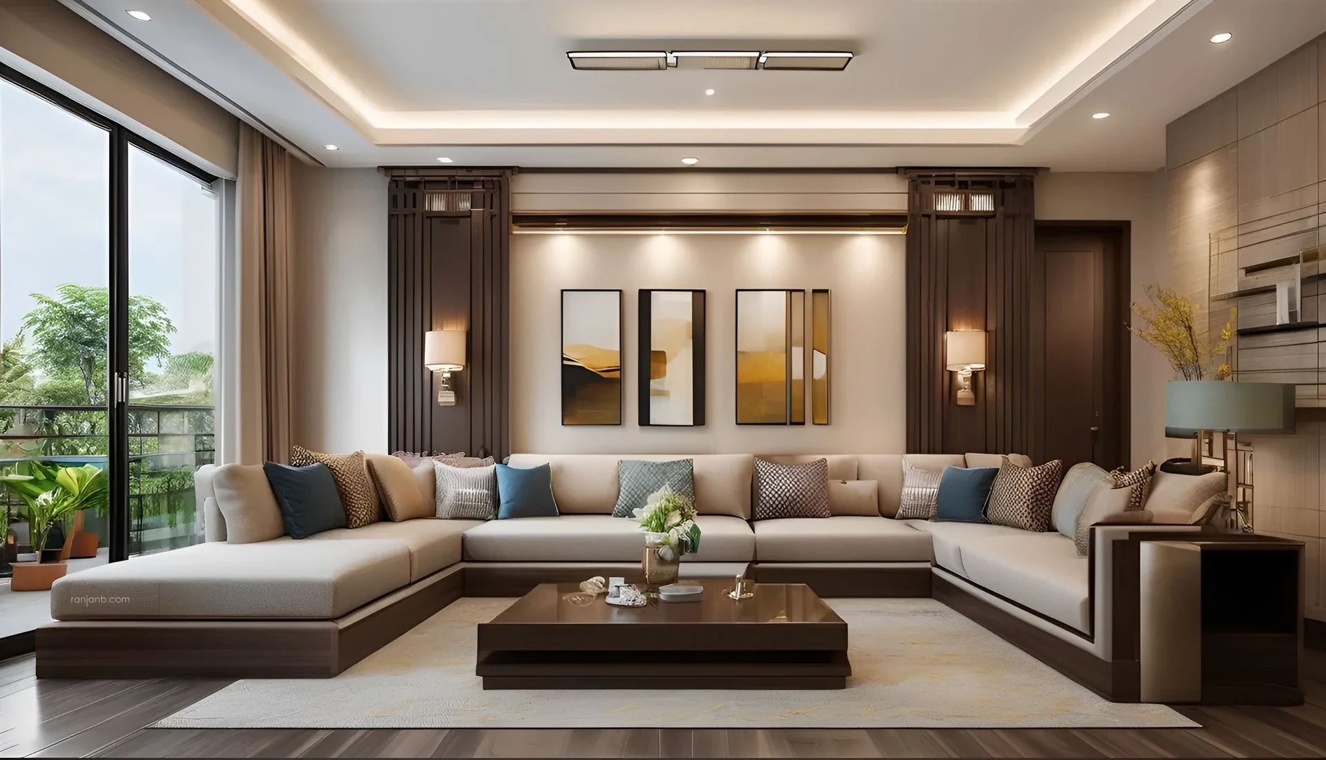 A spacious drawing room in a Kolkata apartment, featuring an L-shaped sofa, vibrant cushions, a glass-top coffee table, wooden flooring, and floor-to-ceiling windows, photography by Ranjan Bhattacharya.