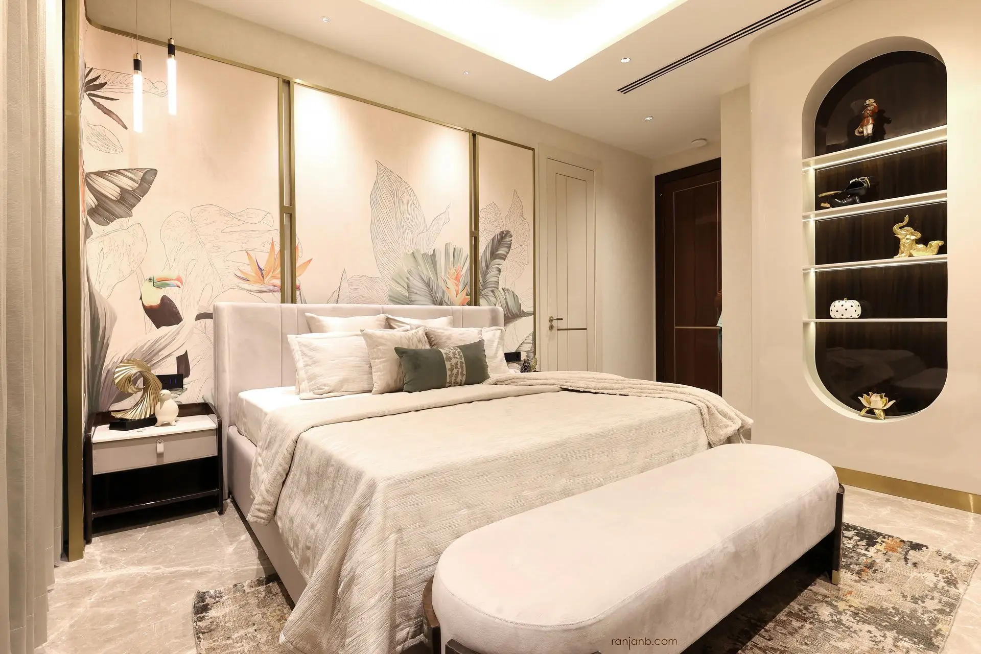 Elegant bedroom interior at Urbana Kolkata — photographed by Ranjan Bhattacharya.