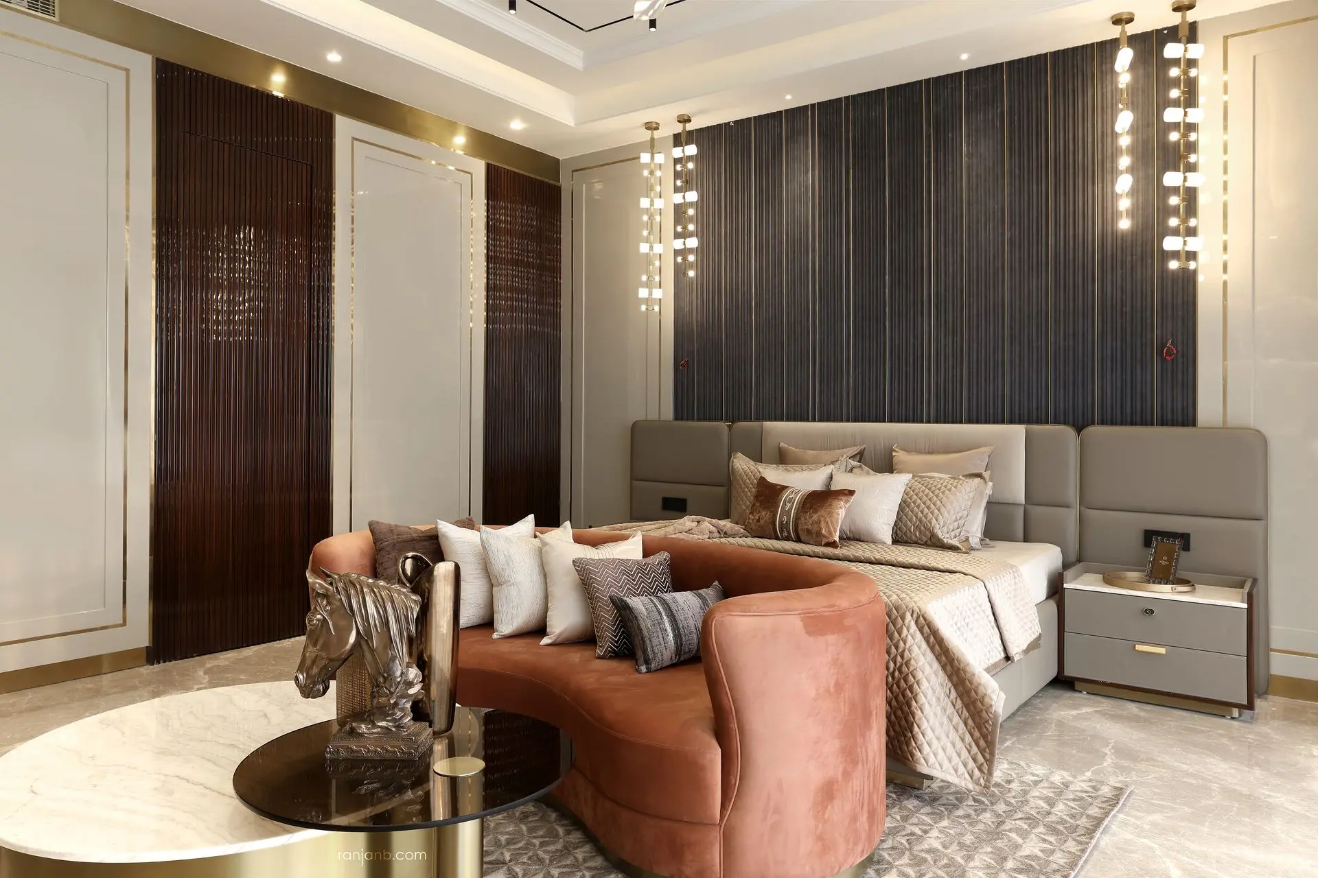 Master bedroom with dark wood finishes at Urbana — captured by Ranjan Bhattacharya.
