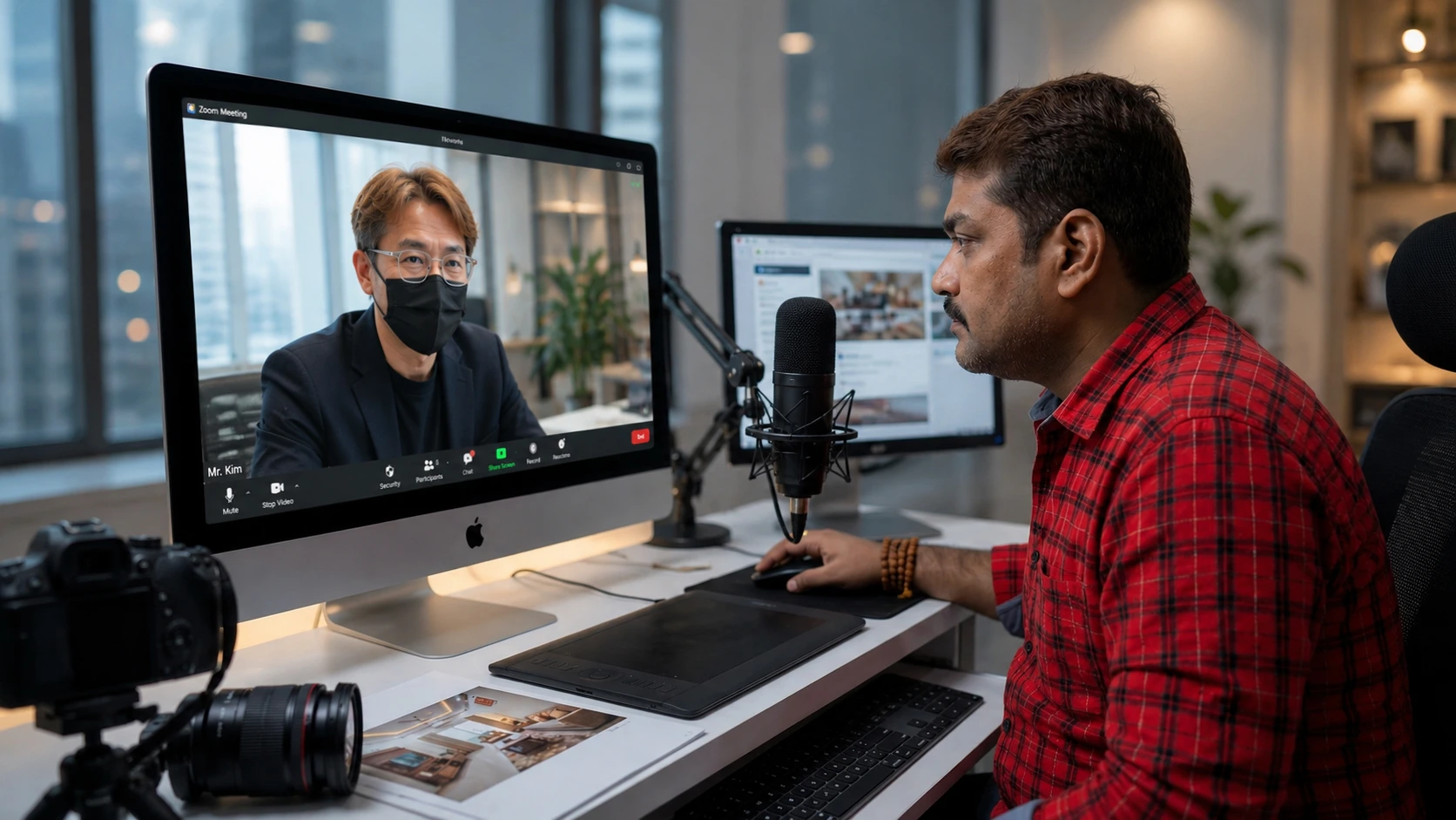 Pre-project Zoom consultation discussing architectural photography strategy, lighting approach and commercial interior photography planning. Commercial interior photographer discussing architectural photography strategy with a client during a Zoom video conference before the office photography project.