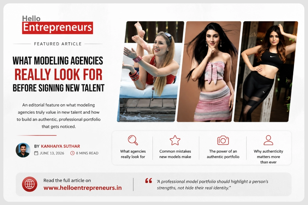 Hello Entrepreneurs article featuring expert insights from Ranjan Bhattacharya on professional model portfolios and agency expectations Hello Entrepreneurs editorial featuring Ranjan Bhattacharya's expert insights on what modeling agencies look for before signing new talent.