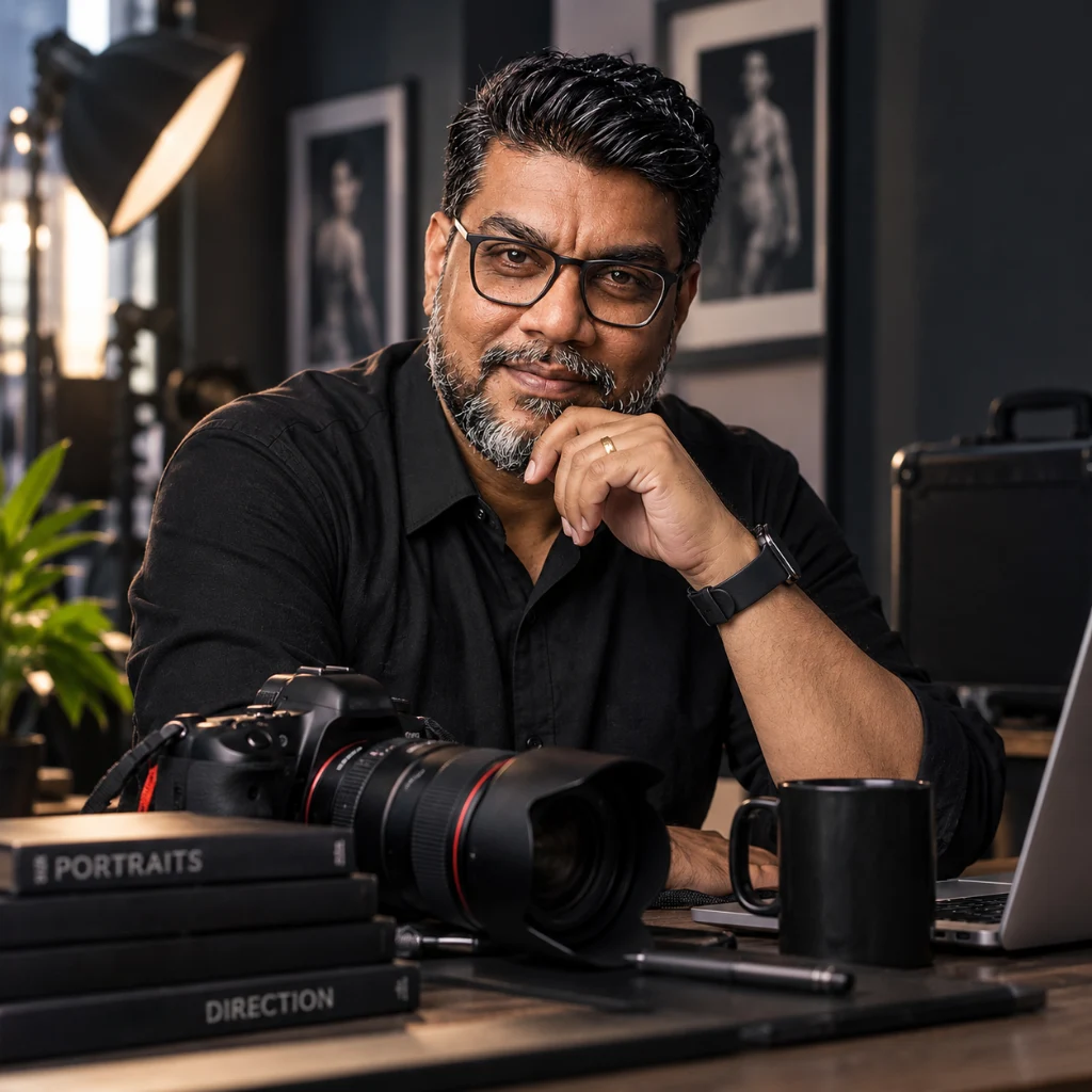 Ranjan Bhattacharya, professional photographer, working in his photography studio