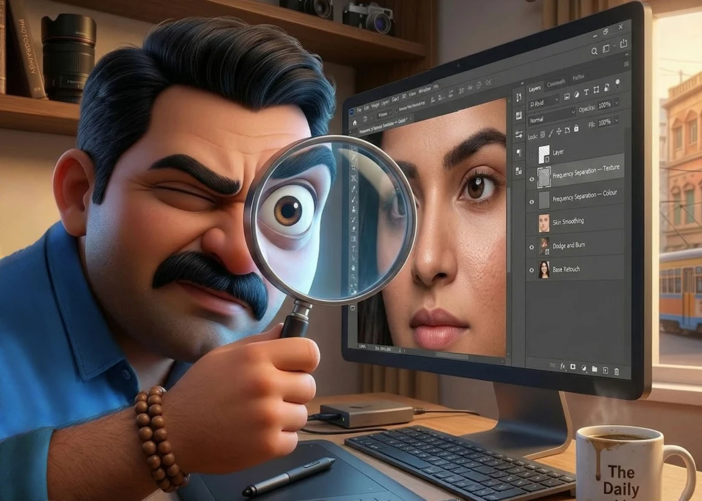 Cartoon illustration of a professional photographer doing precision photo retouching with frequency separation layers visible in Photoshop — showing the expertise required in commercial photo editing.