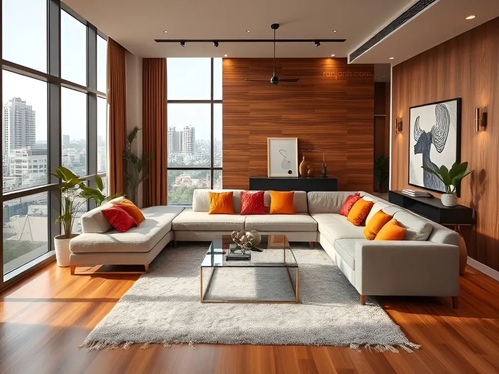 Modern living room with floor-to-ceiling windows and Kolkata cityscape — natural light interior photography by Ranjan Bhattacharya