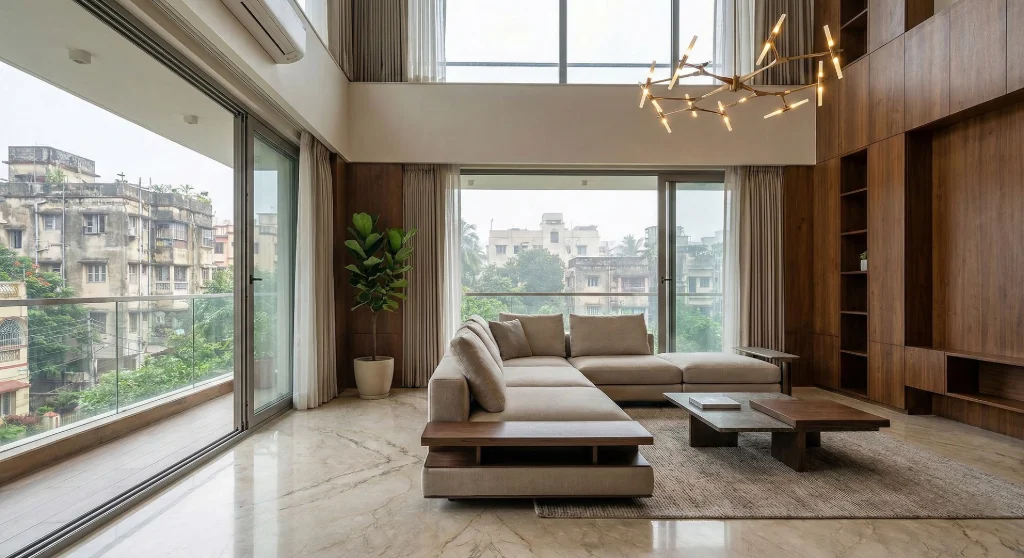 Rajarhat duplex living room with floor-to-ceiling windows and Kolkata cityscape visible — interior photography by Ranjan Bhattacharya
