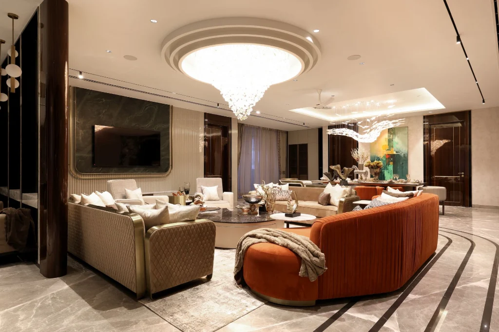 Grand formal living room at Urbana Kolkata with chandelier and marble flooring — luxury interior photography by Ranjan Bhattacharya