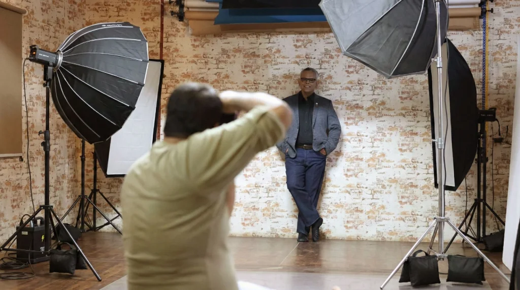 Behind the scenes of an executive portrait photoshoot in a Kolkata studio photographed by Ranjan Bhattacharya