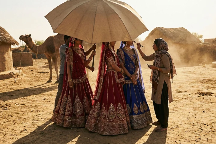 Models under umbrella during harsh Jaipur sunlight fashion shoot with makeup artist and camel backdrop Outdoor fashion production in Jaipur with models under umbrella during harsh sunlight while makeup artist does touch-up near rural camel backdrop