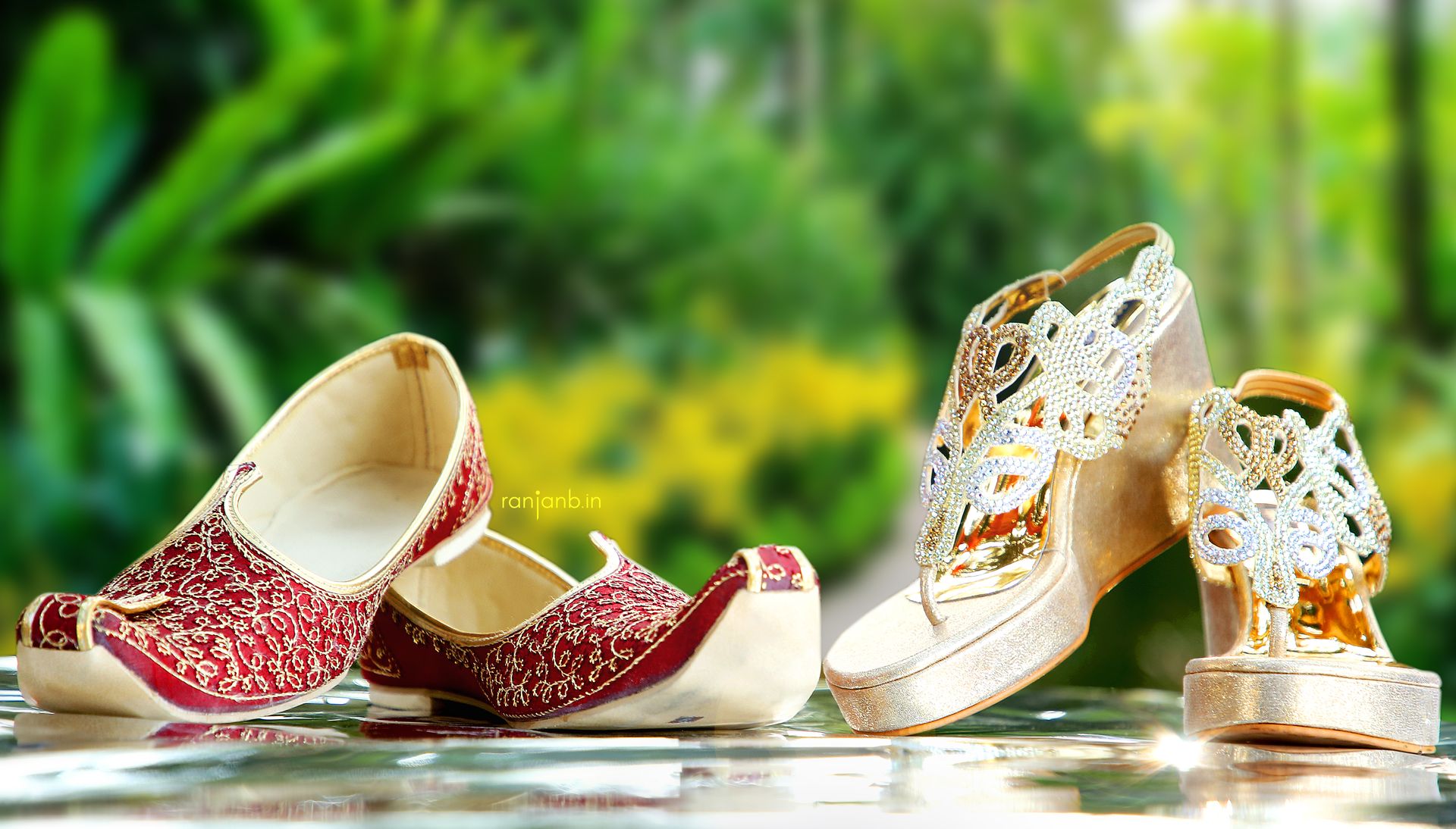 Wedding pair of shoes - Bride and Groom's footwear in outdoor garden, expertly photographed by Ranjan Bhattacharya.