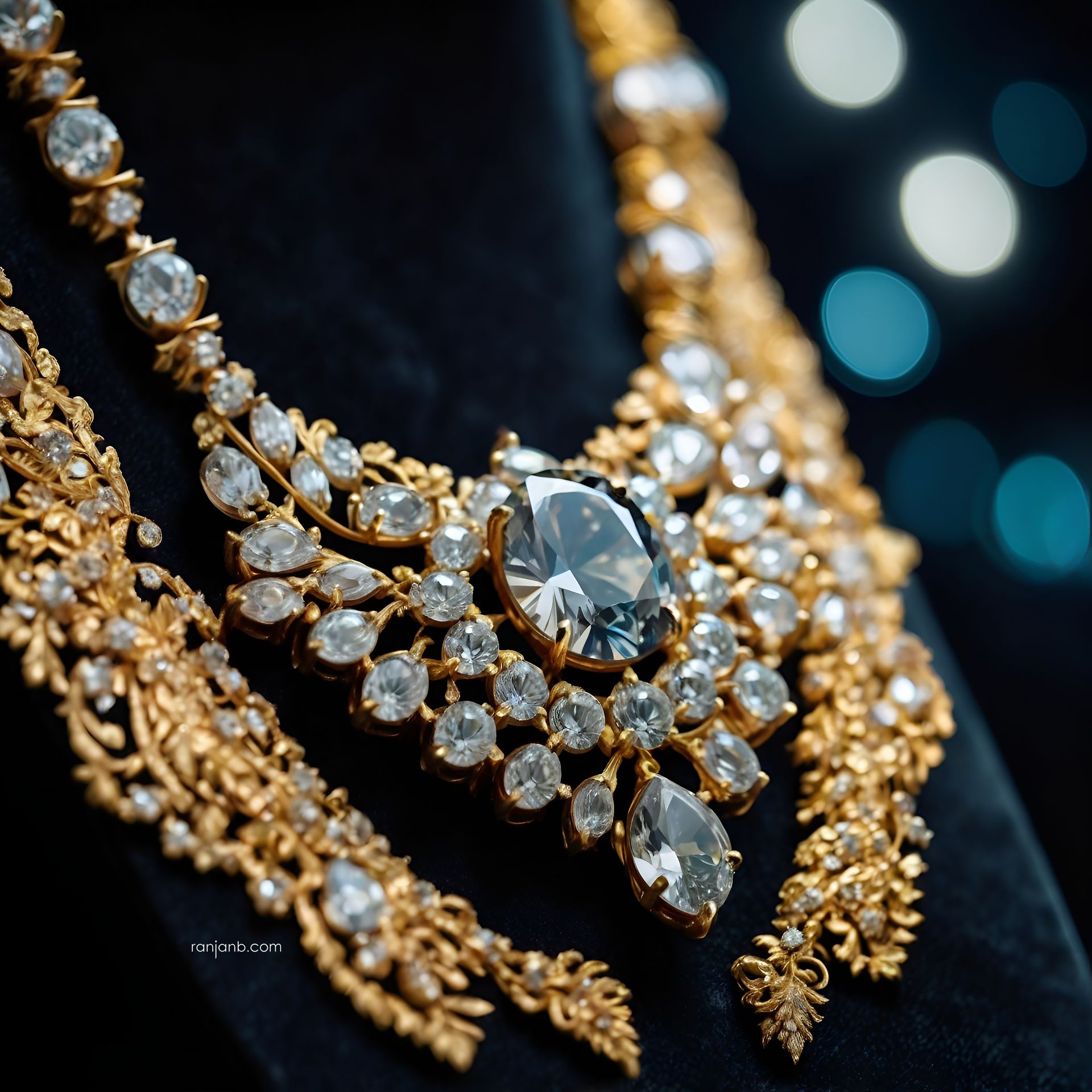 A closeup shot of an intricate diamond necklace by Ranjan Bhattacharya