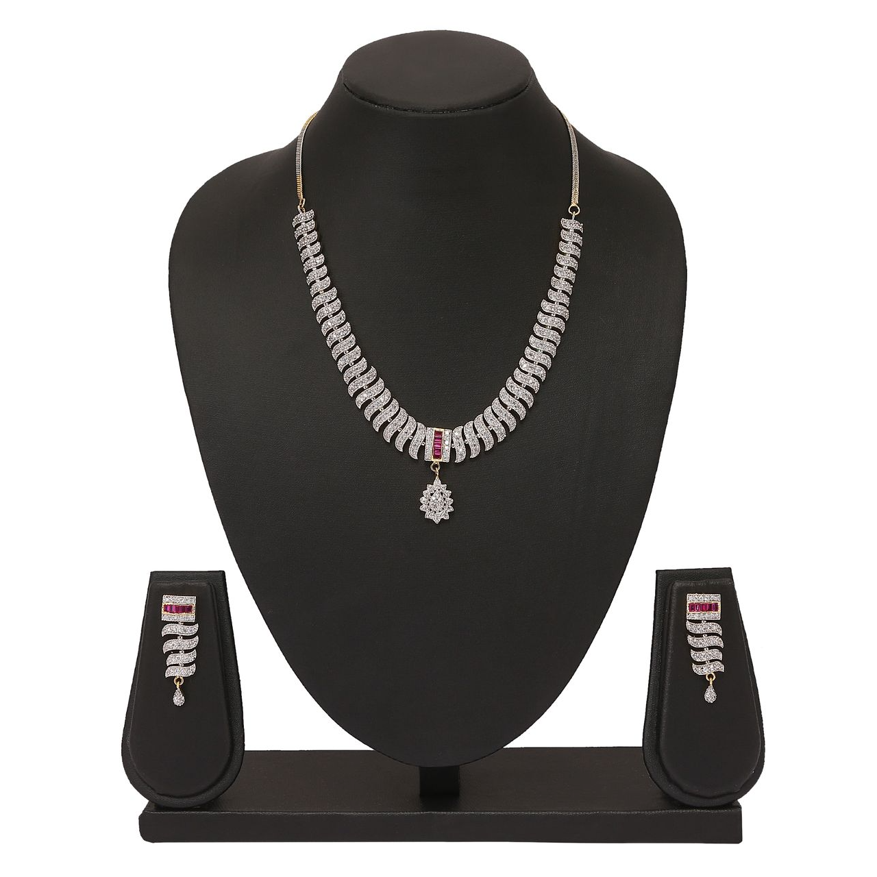 A beautifully crafted diamond necklace photographed against a white background by product photographer Ranjan Bhattacharya in Kolkata.