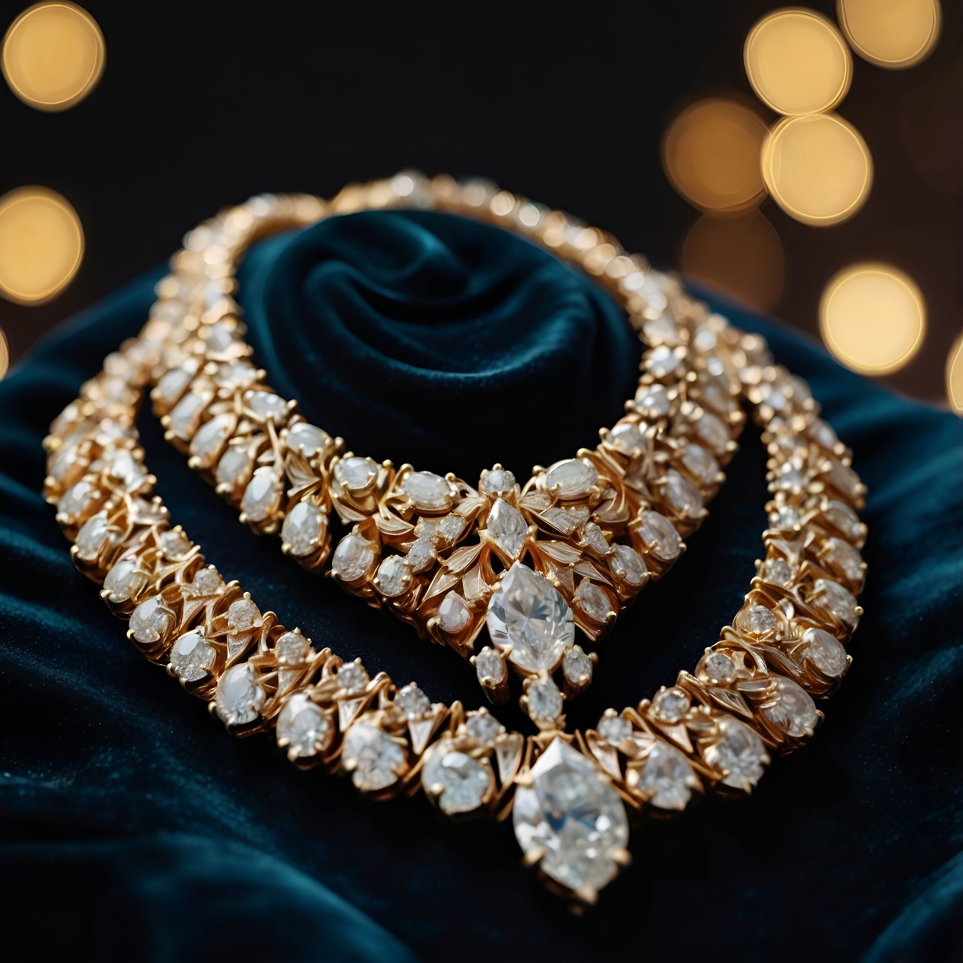 A closeup shot of an intricate diamond necklace by Ranjan Bhattacharya Photography.